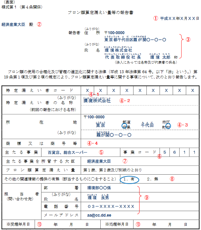 算定漏えい量の報告書 様式第1(表面)の記入例